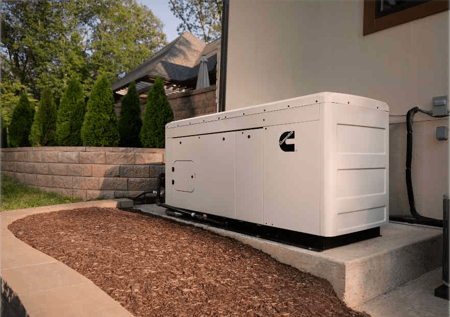 Completed installation of a Cummins RS30 liquid-cooled whole house standby generator.