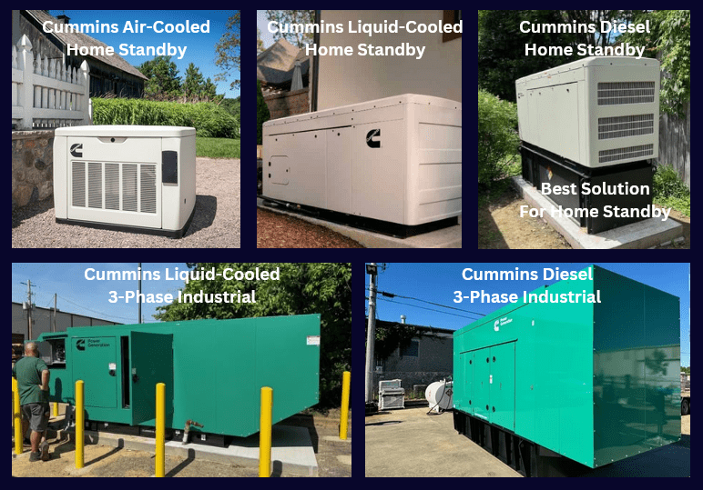 Image showing Cummins Air- & Liquid-Cooled standby generators, including 3-phase industrial generators